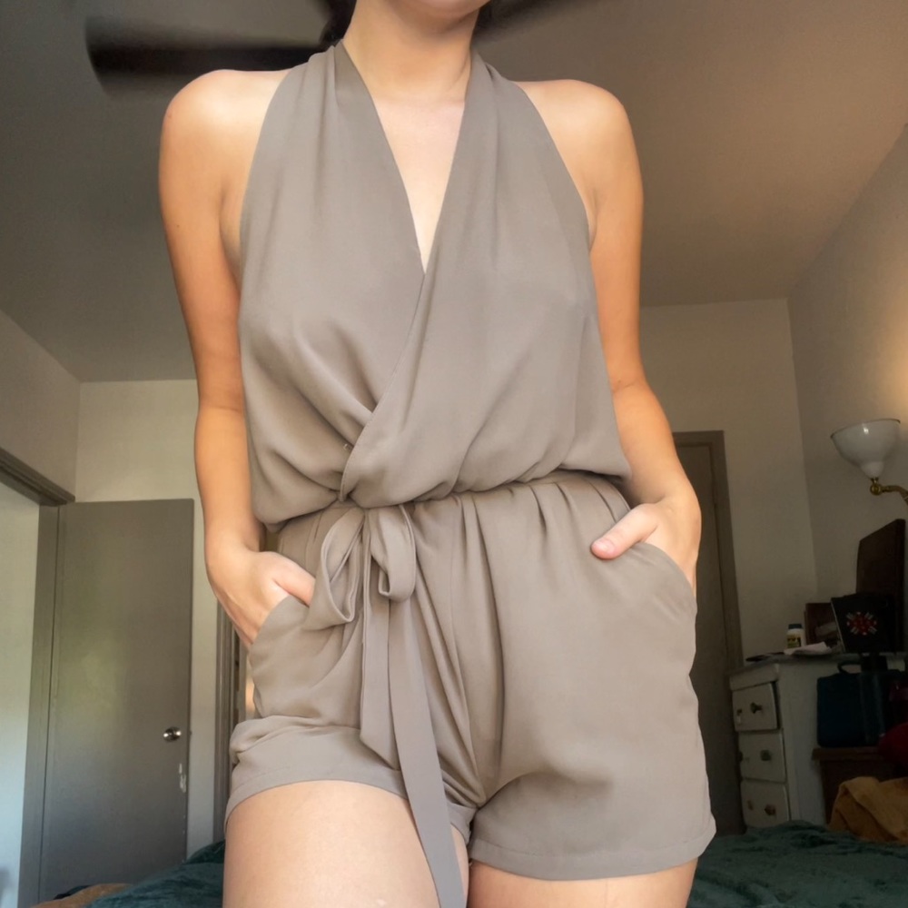 Taupe Romper with belt and pockets